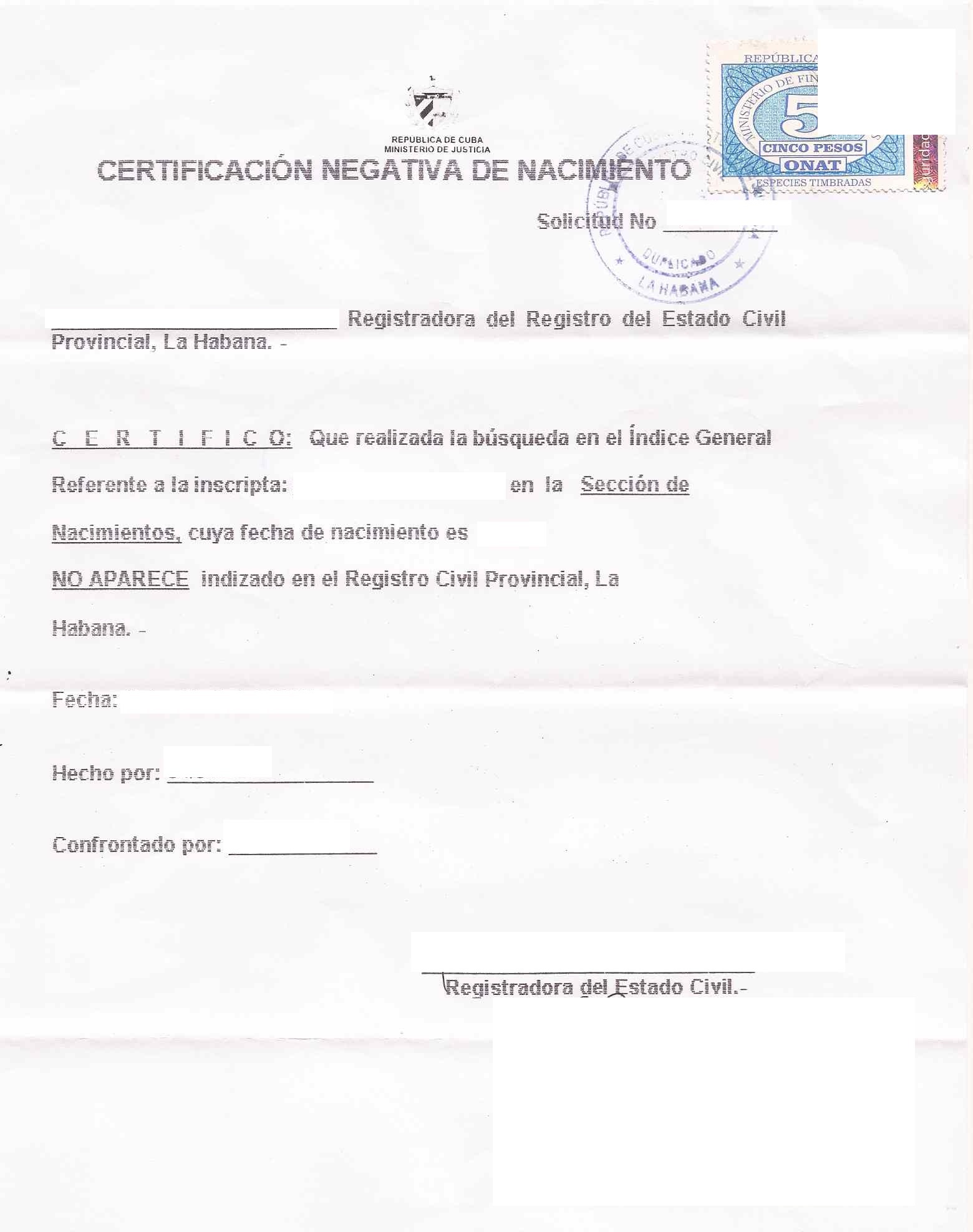 Cuban Birth Certificate Translation Template / Cuban Birth Certificate