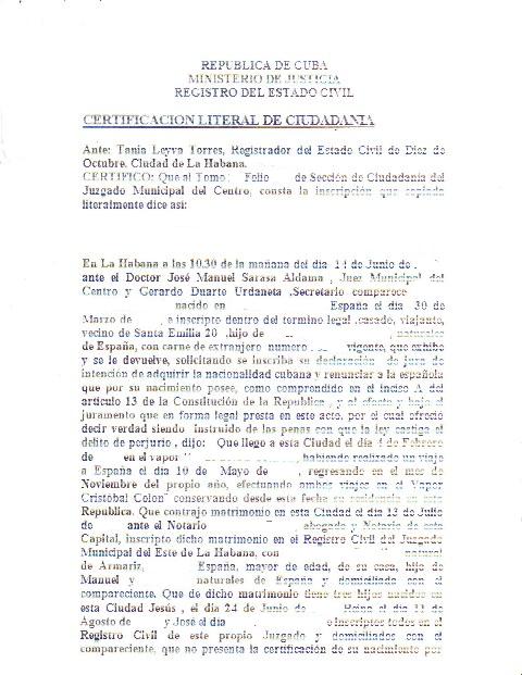 Cuban naturalization certificate
