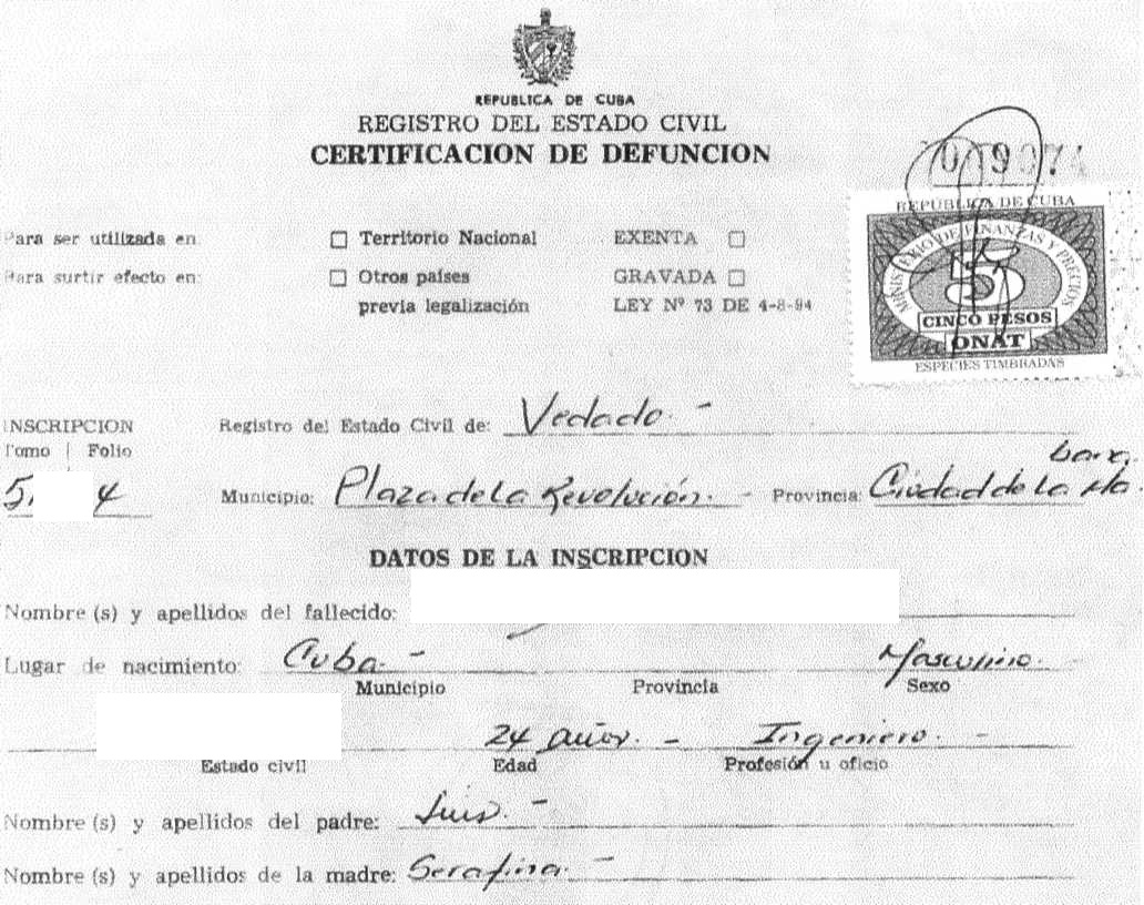 Cuban death certificate