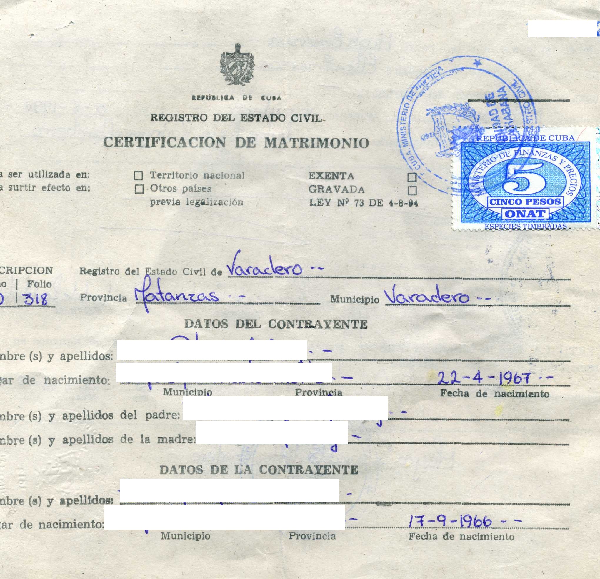 Cuban Marriage Certificate